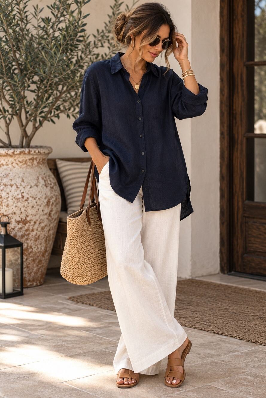 Eileen Fisher Organic Irish Linen Navy Button Front Tunic Shirt Size Small
